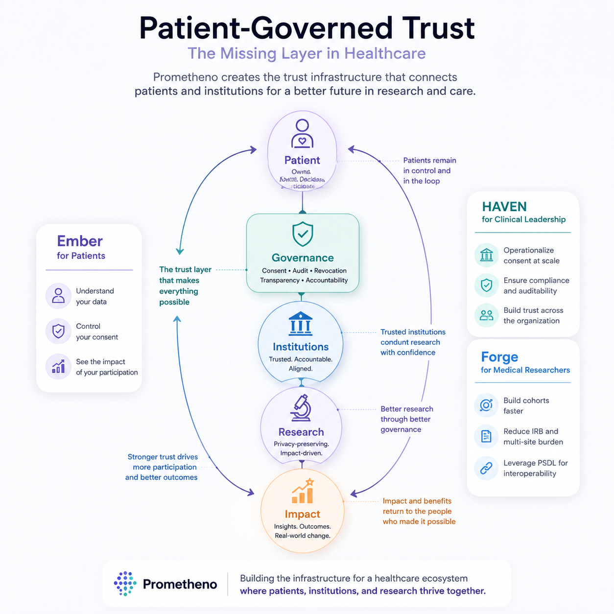 A circular flow: Patient → Governance (consent, audit, revocation) → Institutions → Research → Impact, with impact and benefits returning to the patient. Ember serves patients, Forge serves researchers, HAVEN supports clinical leadership. PSDL provides interoperability.
