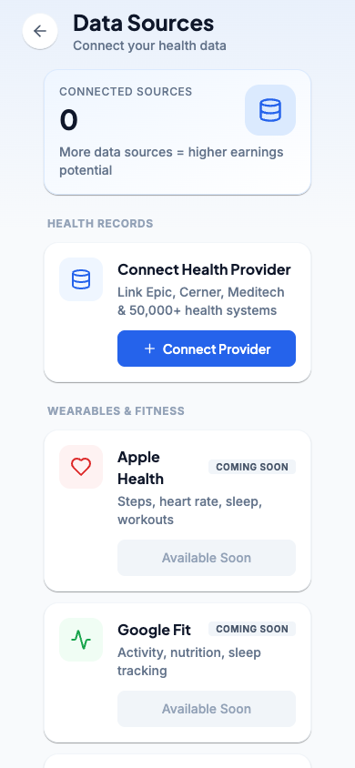 Ember data sources screen showing connected health records and wearables