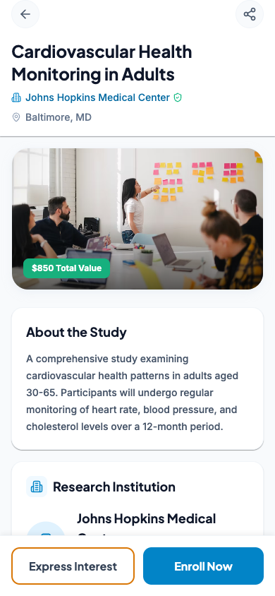Ember study detail page with consent and enrollment options
