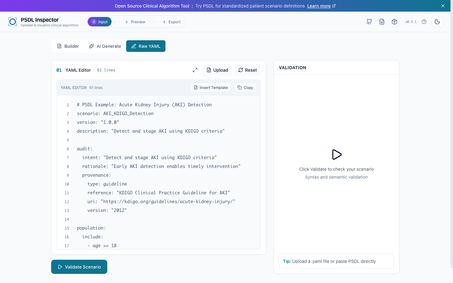 psdl-inspector showing the AKI Detection scenario in PSDL YAML, with KDIGO guideline reference in the audit block